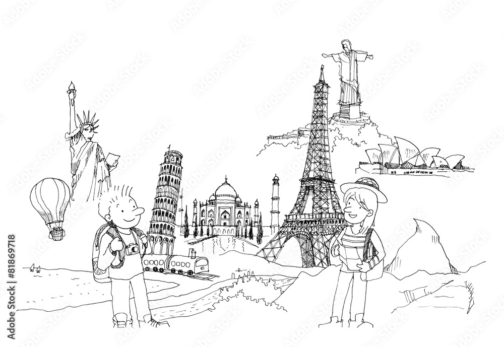 man and woman travel around the world concept illustration