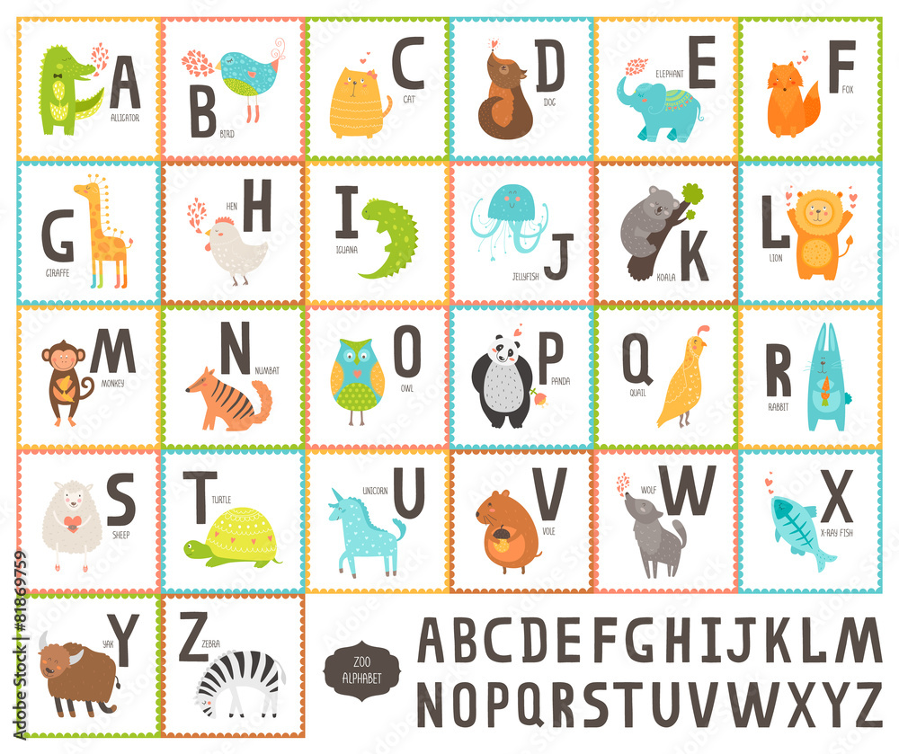 Cute vector zoo alphabet with cartoon animals