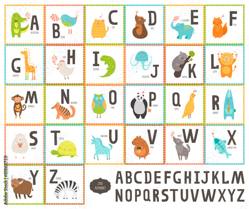 Fototapeta Naklejka Na Ścianę i Meble -  Cute vector zoo alphabet with cartoon animals