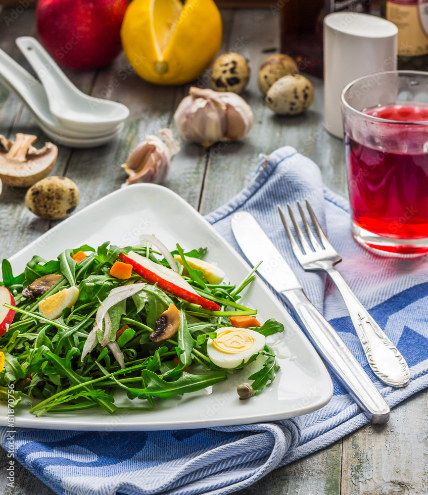 light green salad with arugula, mushrooms, quail eggs and apples light green salad with arugula, mushrooms, quail eggs and apples