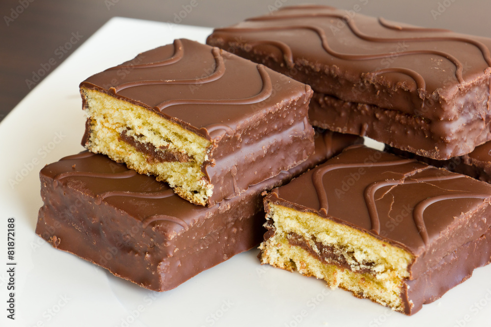 Sliced sponge cake in chocolate