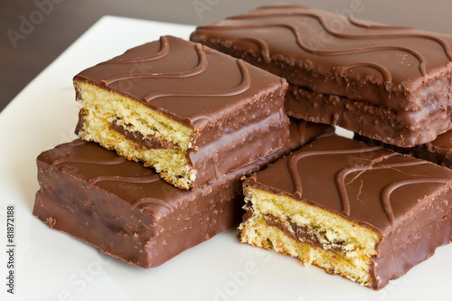 Sliced sponge cake in chocolate