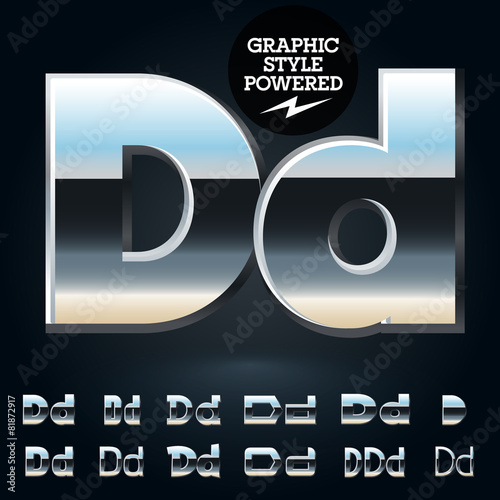 Vector set of glossy and shiny metal steel font. Letter D