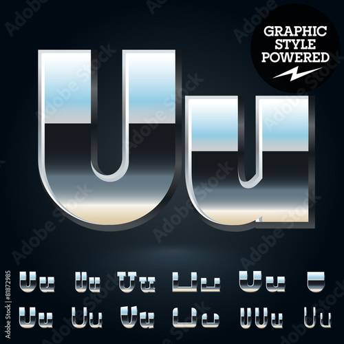 Vector set of glossy and shiny metal steel font. Letter U