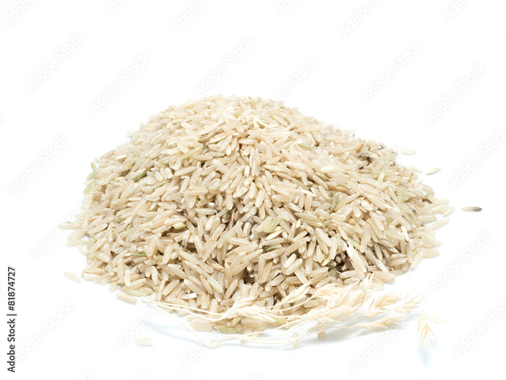 Brown rice on white background