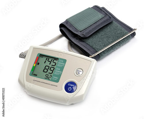 Tonometer - Digital blood pressure monitor on white background