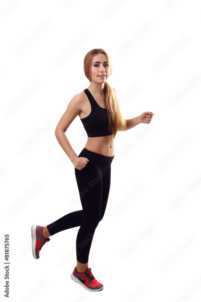 Running fitness woman isolated. Female runner in sporty pink fit