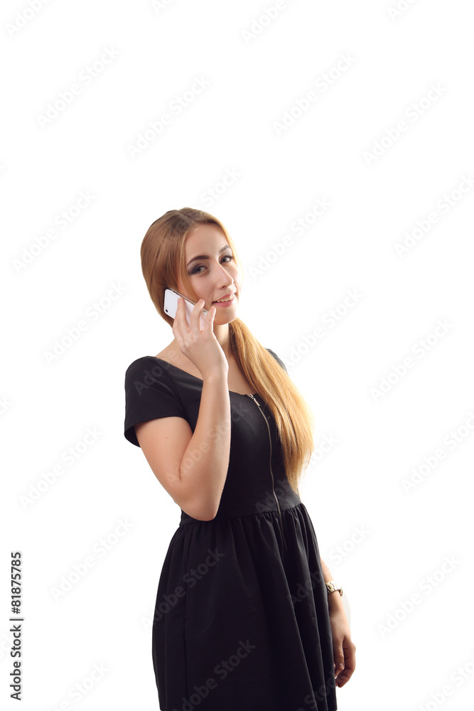 Woman talking with cellphone and smiling, full length portrait i Woman talking with cellphone and smiling, full length portrait i