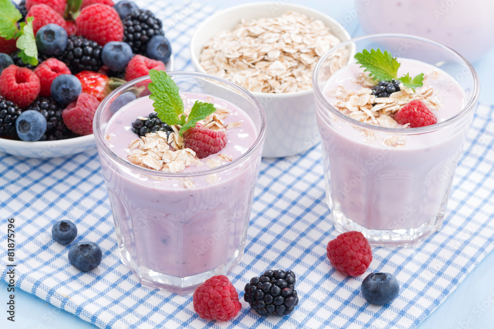 healthy berry smoothies with oatmeal in a glass, top view healthy berry smoothies with oatmeal in a glass, top view