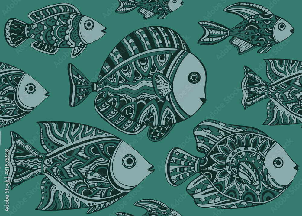 Obraz premium Colorful seamless pattern of a lot of decorative fishes