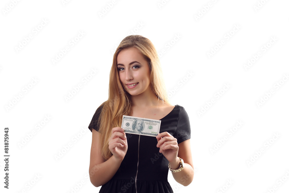 A young woman with dollars in her hands, isolated on white backg A young woman with dollars in her hands, isolated on white backg
