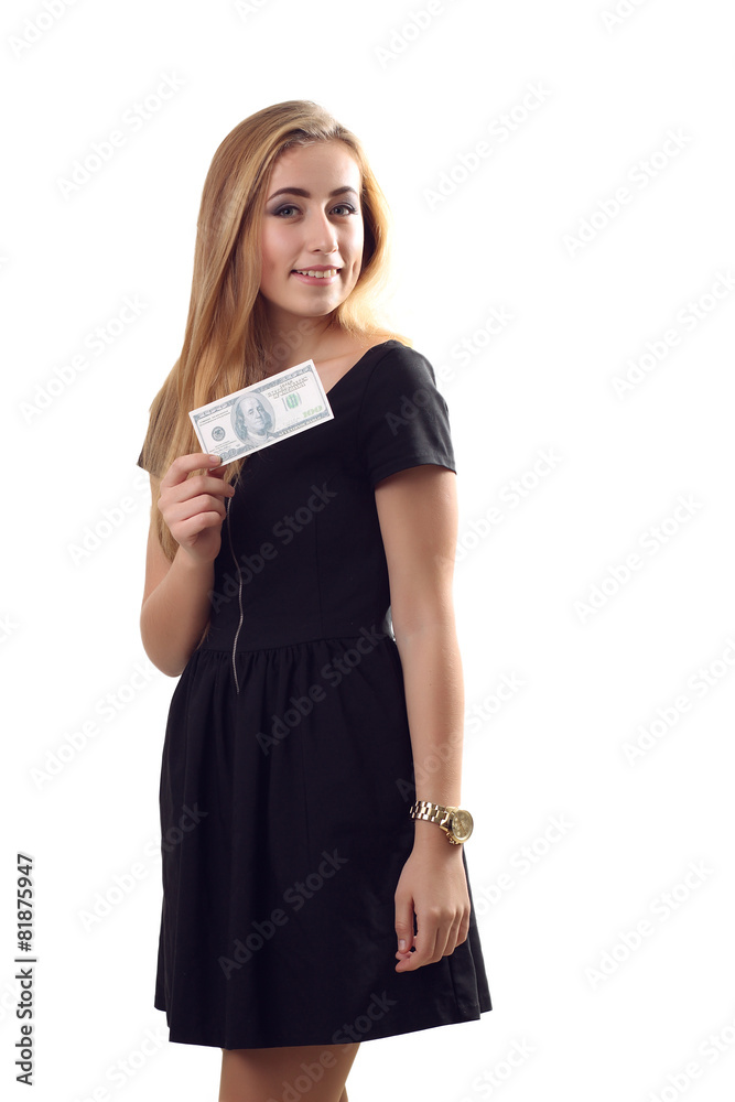 A young woman with dollars in her hands, isolated on white backg A young woman with dollars in her hands, isolated on white backg