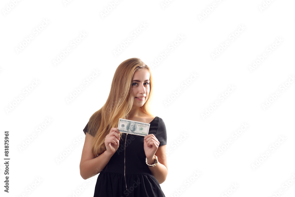 A young woman with dollars in her hands, isolated on white backg A young woman with dollars in her hands, isolated on white backg
