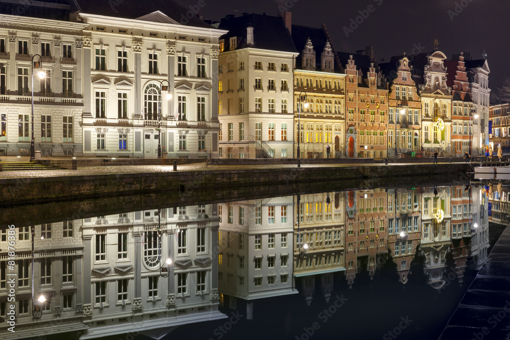 Quay Korenlei in Ghent town at night, Belgium