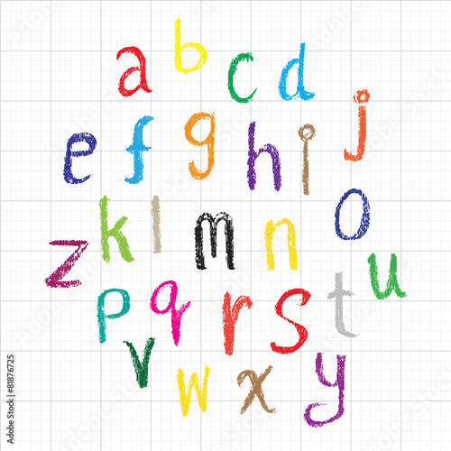 Child drawing of alphabet font made with wax crayons