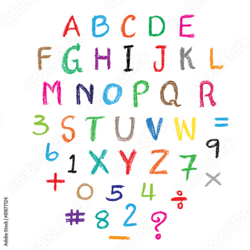 Child drawing of alphabet made with wax crayons.