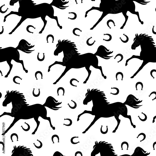 Pattern seamless of galloping horses and horseshoes