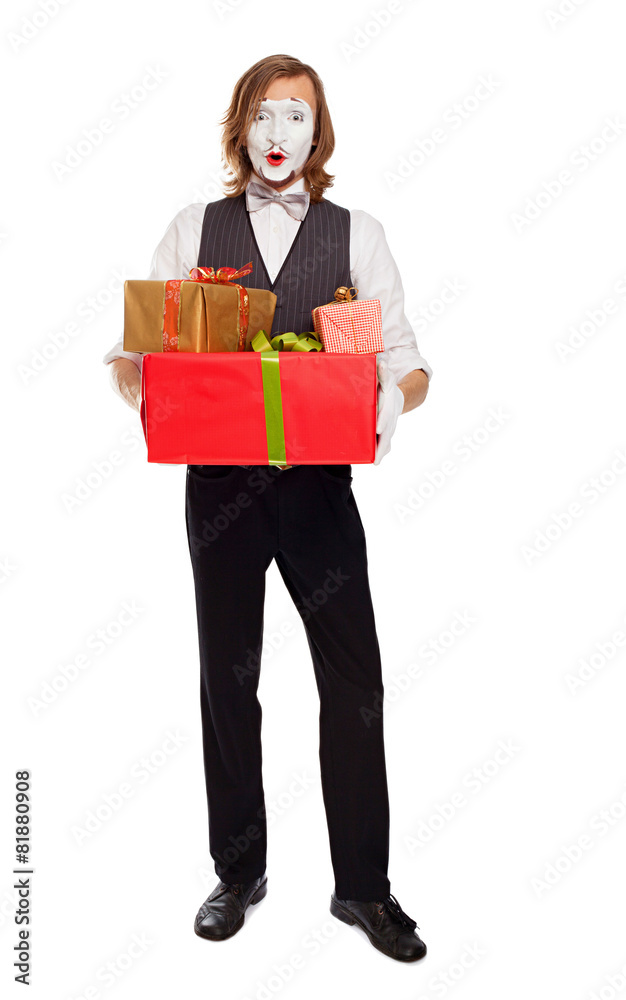 mime actor holding gift boxes mime actor holding gift boxes