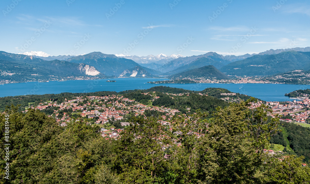 Panoramic view of Lake Maggiore and mountain backdrop