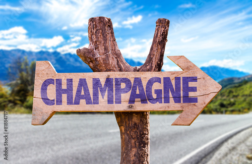 Champagne wooden sign with road background photo