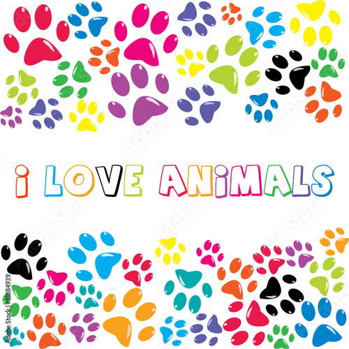 I Love Animals text with colorful paws print