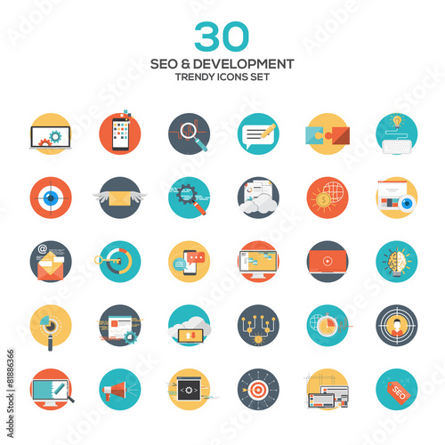 Set of modern flat design SEO and development icons