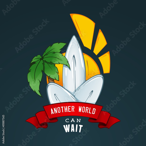 Colored vector Surfing illustration or emblem with lettering. St