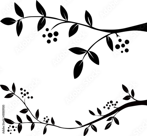 twig with leaves and berries - black silhouette