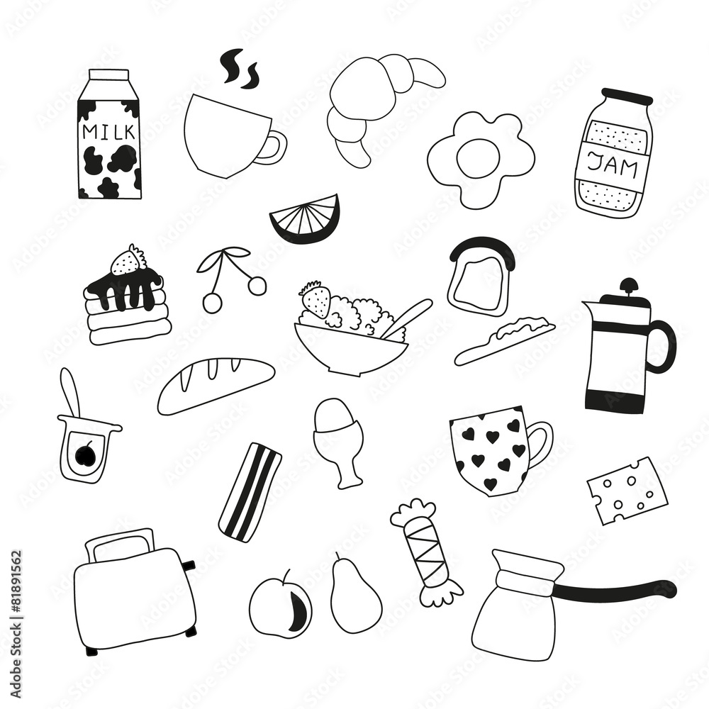 Fototapeta assortment of doodle food for breakfast