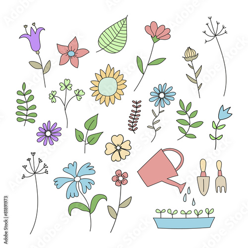 Set of doodle flowers and plants
