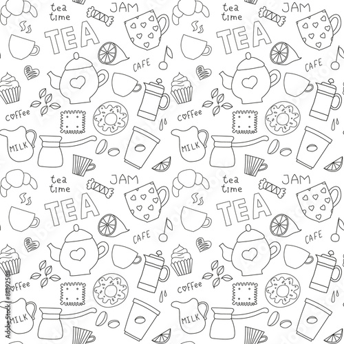 Doodle pattern with tea, cups and sweets