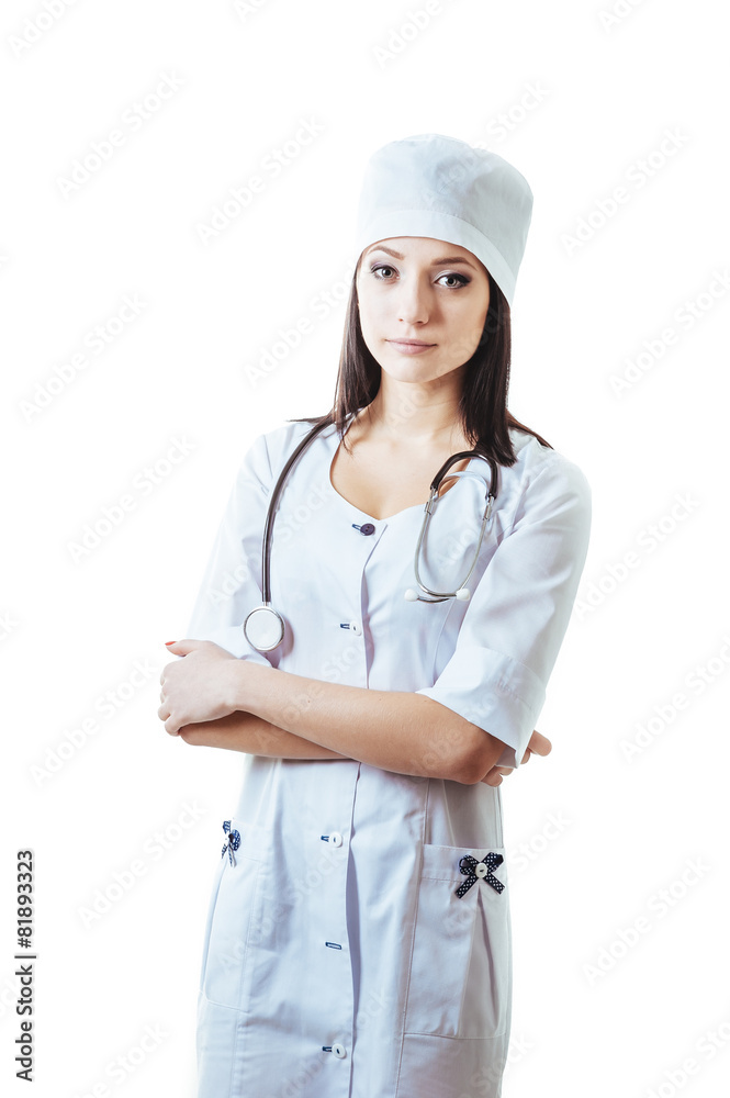 Smiling medical doctor woman with stethoscope. Isolated over Smiling medical doctor woman with stethoscope. Isolated over