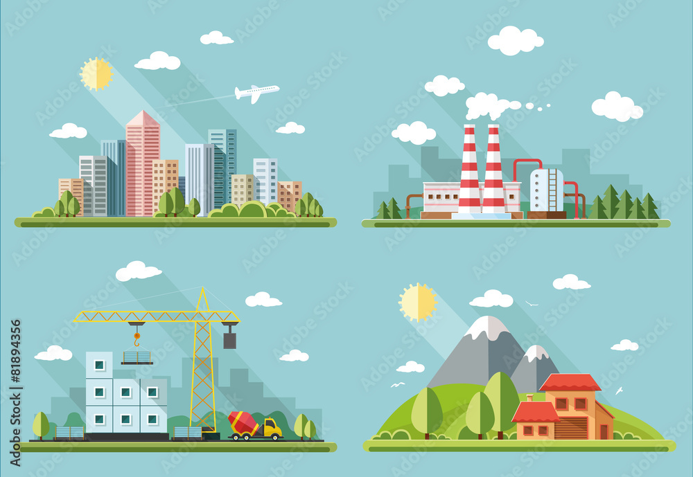 icons set. large city , country house, farmhouse on a background