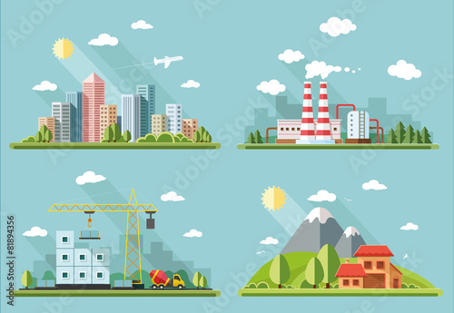 icons set. large city , country house, farmhouse on a background