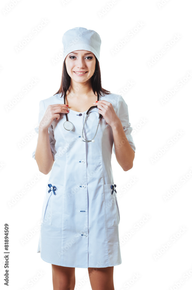 Smiling medical doctor woman with stethoscope. Isolated over Smiling medical doctor woman with stethoscope. Isolated over