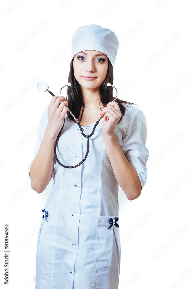 Smiling medical doctor woman with stethoscope. Isolated over Smiling medical doctor woman with stethoscope. Isolated over