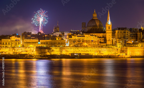 View of Valletta with fireworks on Easter 2015 - Malta