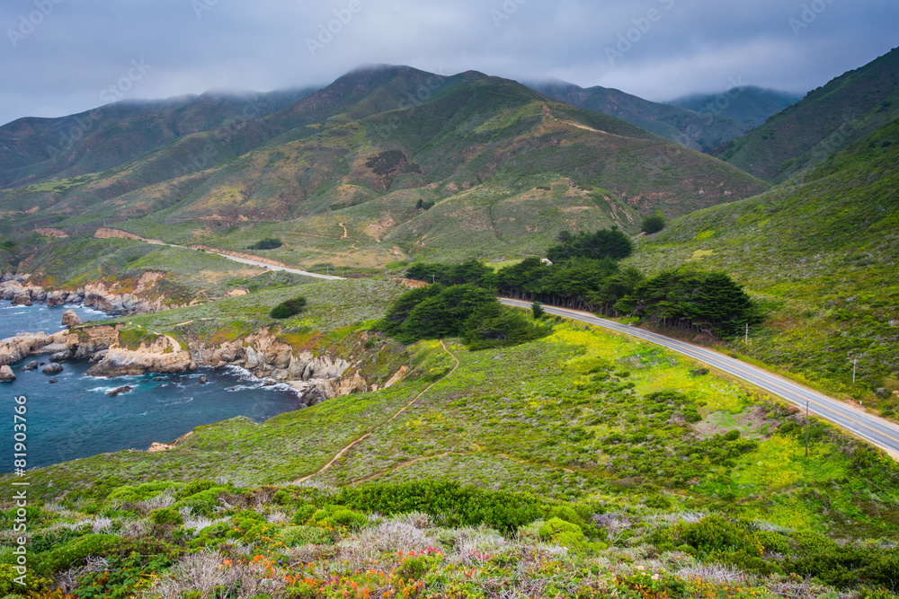 View of Pacific Coast Highway and mountains along the coast at G