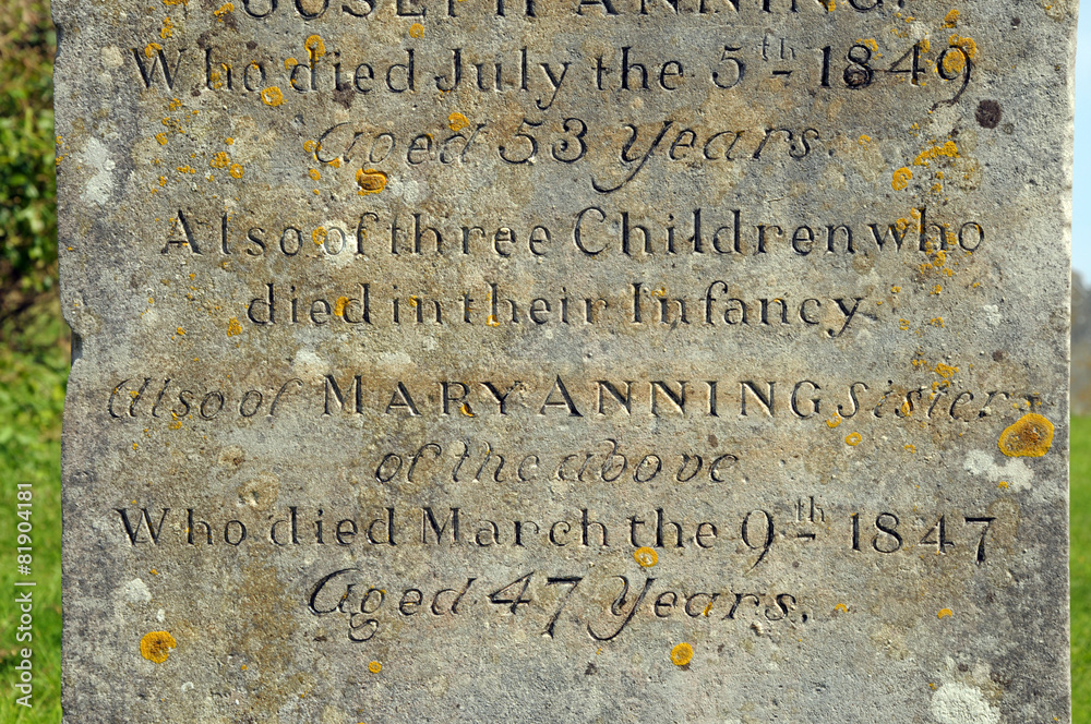 Gravestone of Mary Anning in Lyme Regis churchyard, Dorset