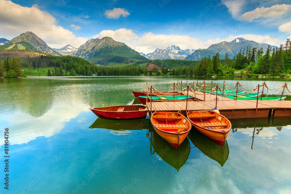 Wooden boats on the mountain lake,Strbske Pleso,Slovakia,Europe