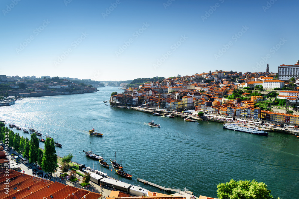 Beautiful view of the Douro River and boats in the historic cent