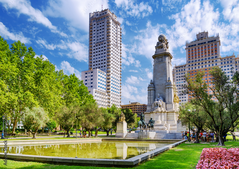 Obraz premium The Cervantes monument, the Tower of Madrid (Torre de Madrid) an
