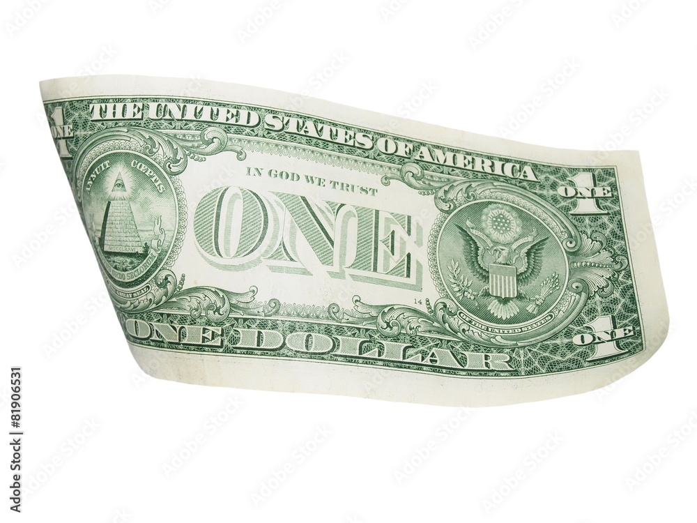 One dollar bill isolated falling on white background One dollar bill isolated falling on white background