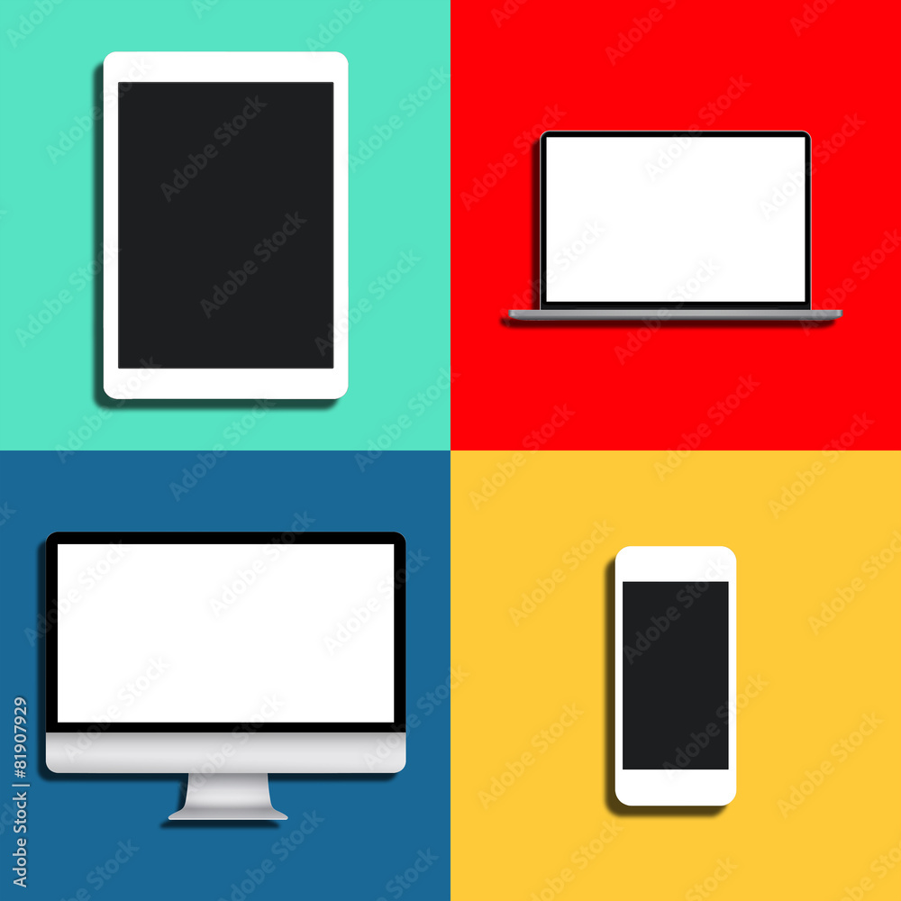 Smaprtphone and computers on color backgrounds Smaprtphone and computers on color backgrounds