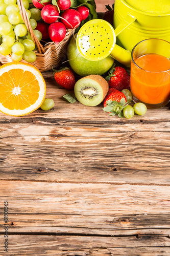 Fototapeta Naklejka Na Ścianę i Meble -  Fresh juice carrot, Healthy drink on wood, breakfast concept