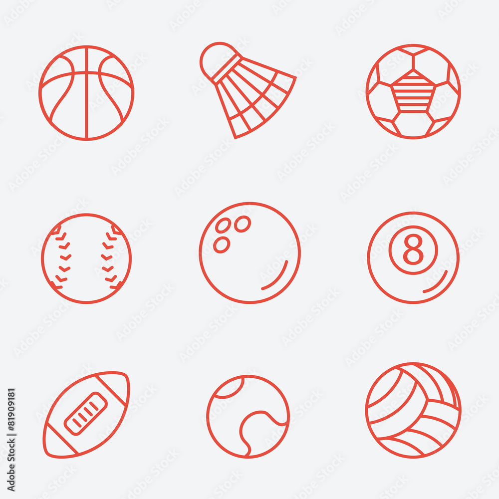 Sport balls, thin line icons, flat design - obrazy, fototapety, plakaty 