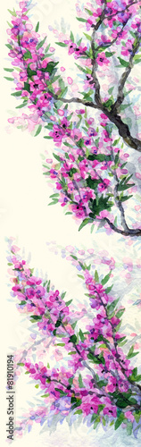 Watercolor spring background. Purple flowers on tree branches