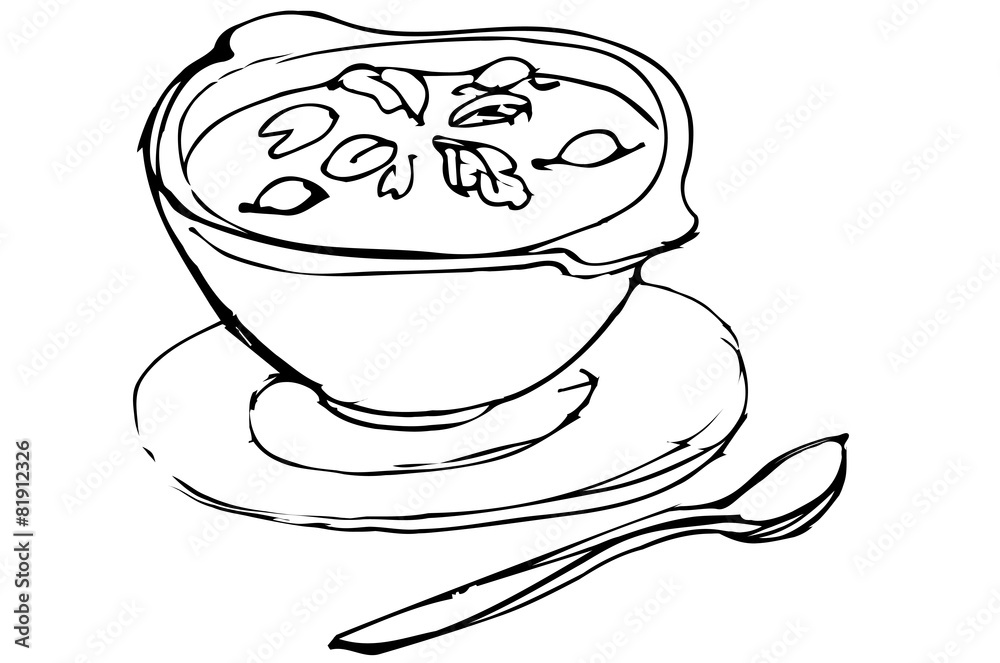 bowl of soup with herbs and spoon lying next bowl of soup with herbs and spoon lying next