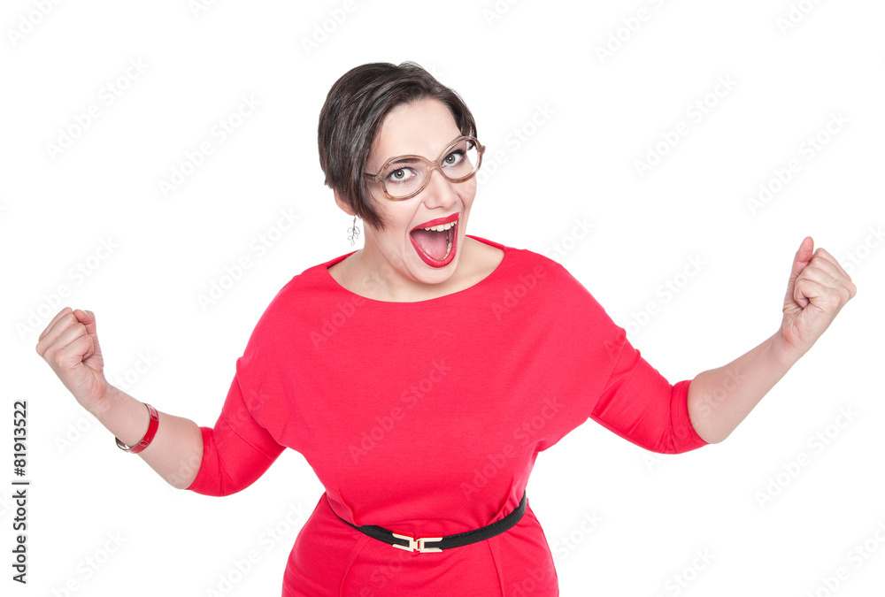 Beautiful plus size woman in glasses with yes gesture isolated Beautiful plus size woman in glasses with yes gesture isolated