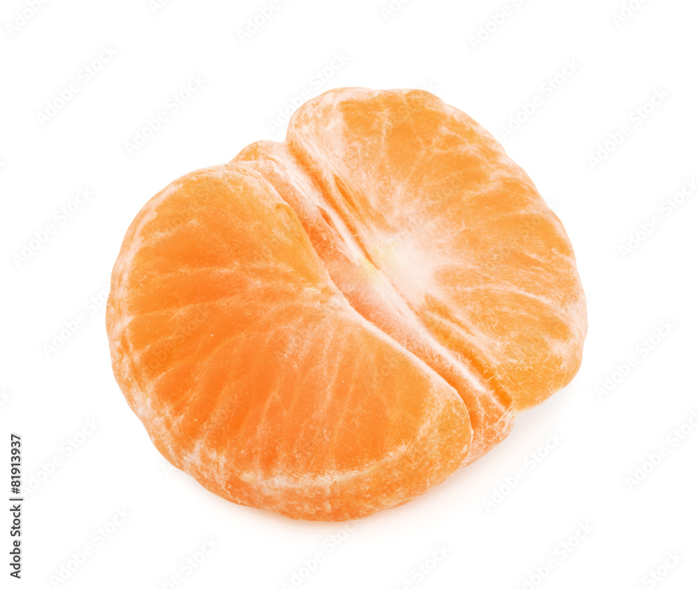 Peeled tangerine or mandarin fruit half isolated on white backgr Peeled tangerine or mandarin fruit half isolated on white backgr